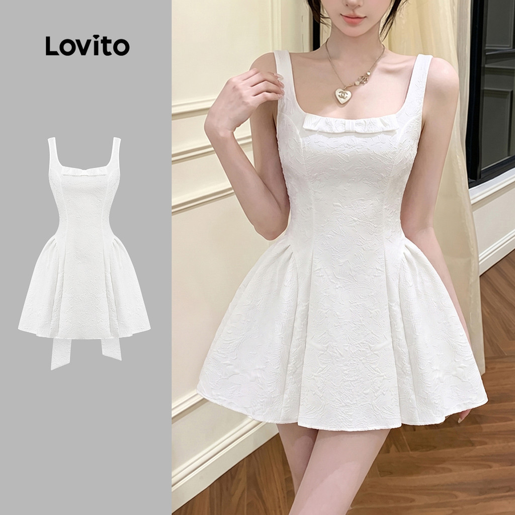 Lovito فستان نسائي أبيض بفيونكات وكشكش