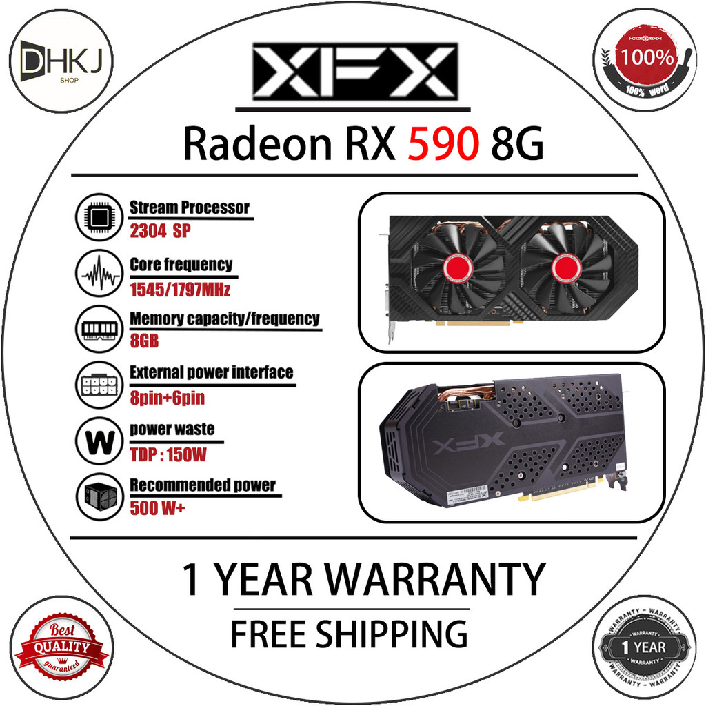 ใช้ XFX RX 590 8GB 2304SP กราฟิกการ์ด 8GB ETH AMD Radeon RX590 Ethereu การ์ดหน้าจอ GPU คอมพิวเตอร์เด