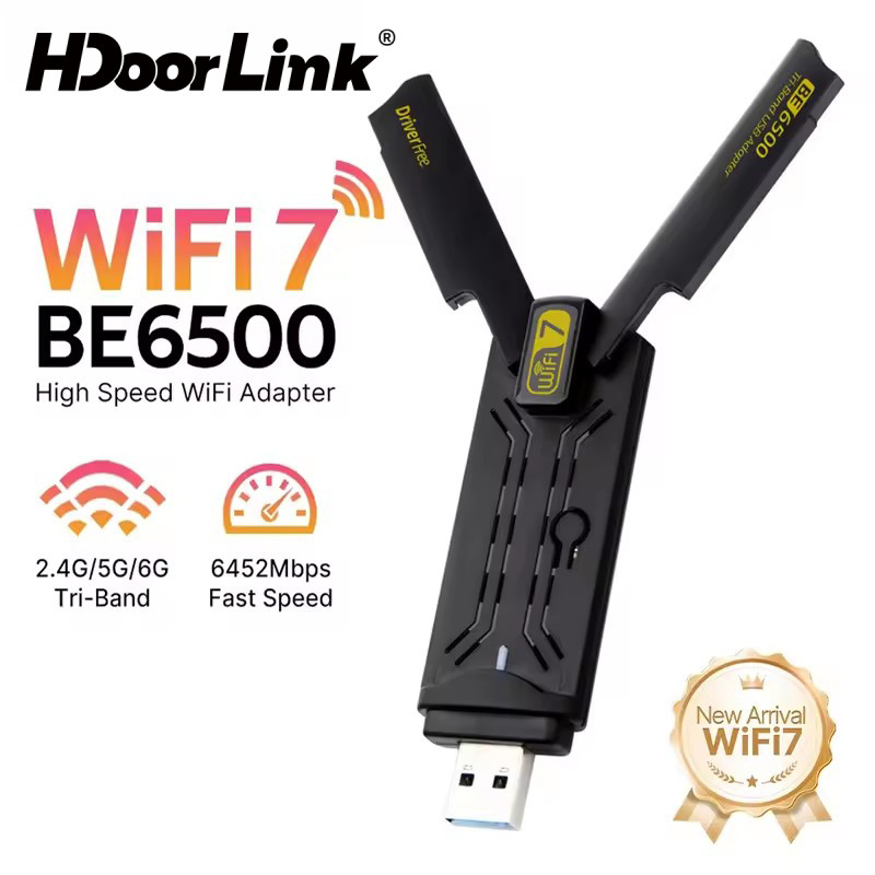 HdoorLink WiFi 7 USB WiFi การ์ด BE6500 6500Mbps USB3.0 802.11BE WiFi Dongle 2.4G/5G/6GHz การ์ดเครือข่ายสําหรับ Win10/11 Driver ฟรี