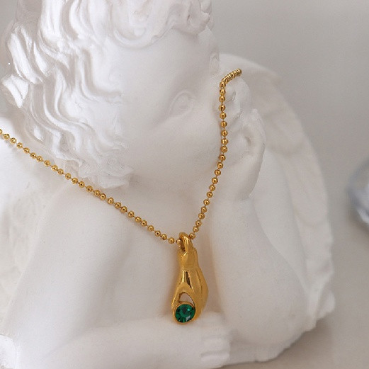 HIJAU เครื่องประดับแฟชั่นชุบทองชุบทอง 316L, จี้มือ Cubic Zirconia สีเขียวพร้อมสร้อยคอ, การออกแบบสร้า