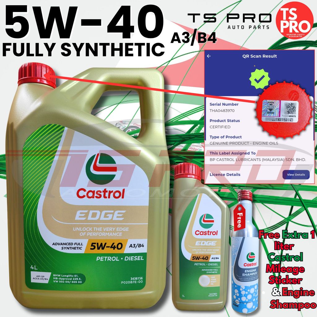 น้ํามันเครื่อง Castrol Edge 5W40 5W-40 (4L) + (1L) + แถมฟรี สติ๊กเกอร์ไมล์ TS Pro + แชมพูเครื่องยนต์