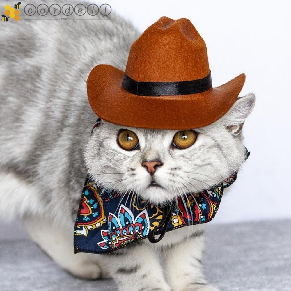 CORDELL Pet Western Cowboy Hat Set, Cute Breathable Pet Cowboy Hat, Headwear ปรับสบายแมวผ้าพันคอสามเ