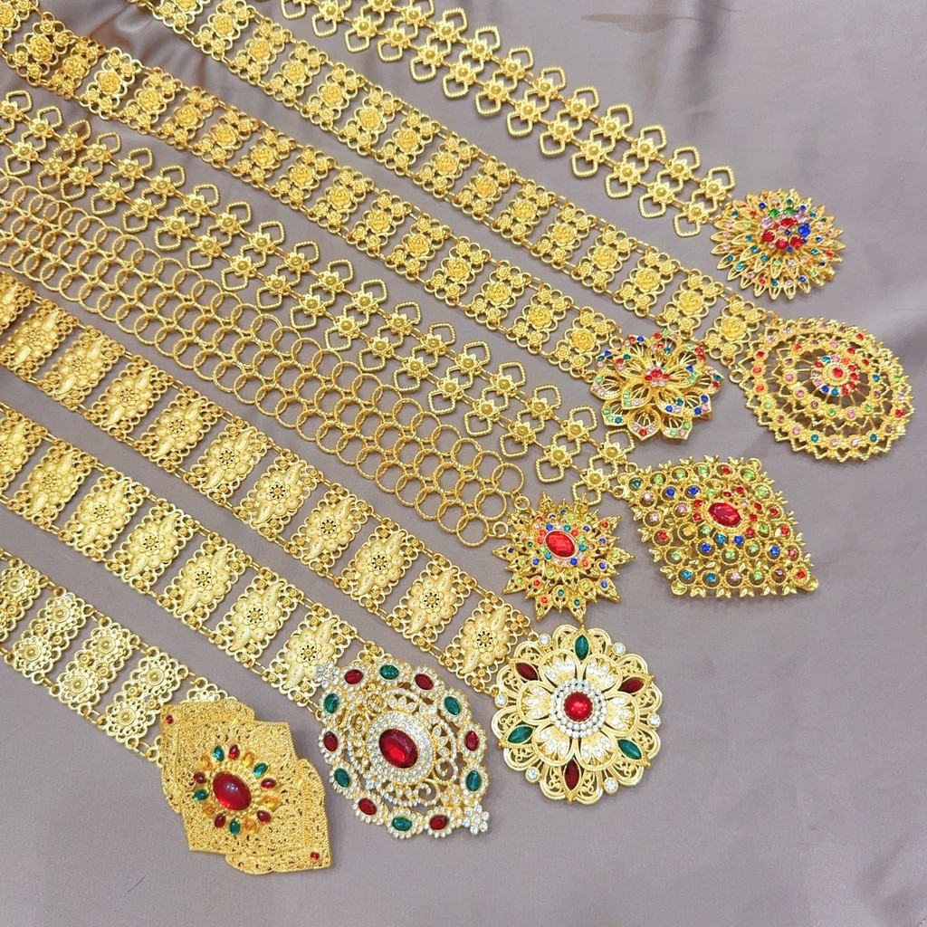 เข็มขัดชุดไทยสำหรับผู้หญิง สีทองสีเงิน ประดับด้วยพลอย งานฝีมือประณีตเข็มขัด ชุดล้านนาไทหัวเข็มขัด