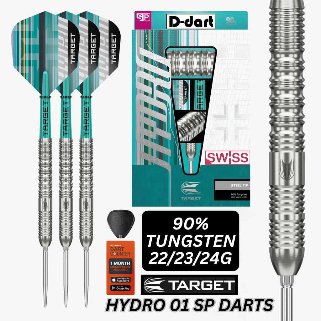 TARGET STEEL TIP DARTS - 22G/23G/24G HYDRO 01 (SWISS) SP 90% TUNGSTEN DART SET