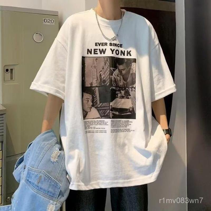 เสื้อยืดแขนสั้นสไตล์เรโทรอเมริกันสำหรับผู้ชายในช่วงฤดูร้อน เสื้อยืดคอกลมแขนสั้นสำหรับคู่รักที่เข้าได้กับทุกชุดทั้งชายและ