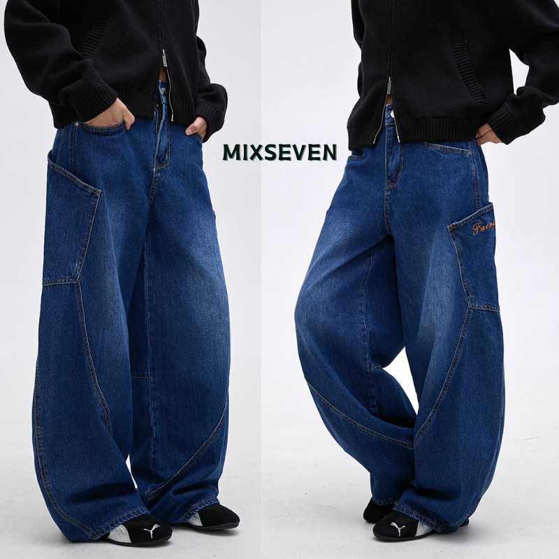 MIXSEVEN-กางเกงยีนส์ผู้ชาย สไตล์อเมริกันแบบย้อนยุค ดีไซน์กระเป๋าใหญ่และขาลอย ทรงหลวมและออกแบบมาเพื่อการเคลื่อนไหวและถอดประกอบ การผสมผสานของสไตล์ baggy