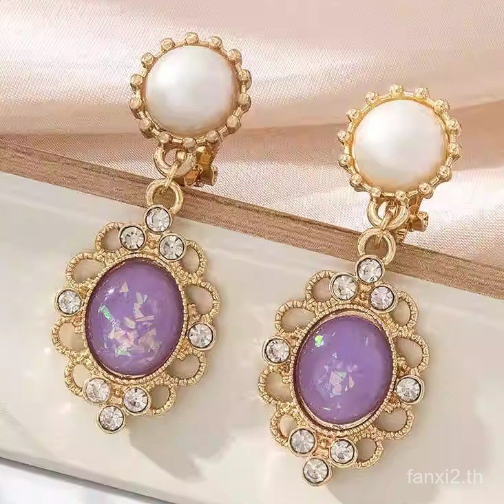 ต่างหูคลิปสไตล์วินเทจหรูหราด้วยอัญมณีเพทายและมุกเงินสีชมพูโอปอล [096]