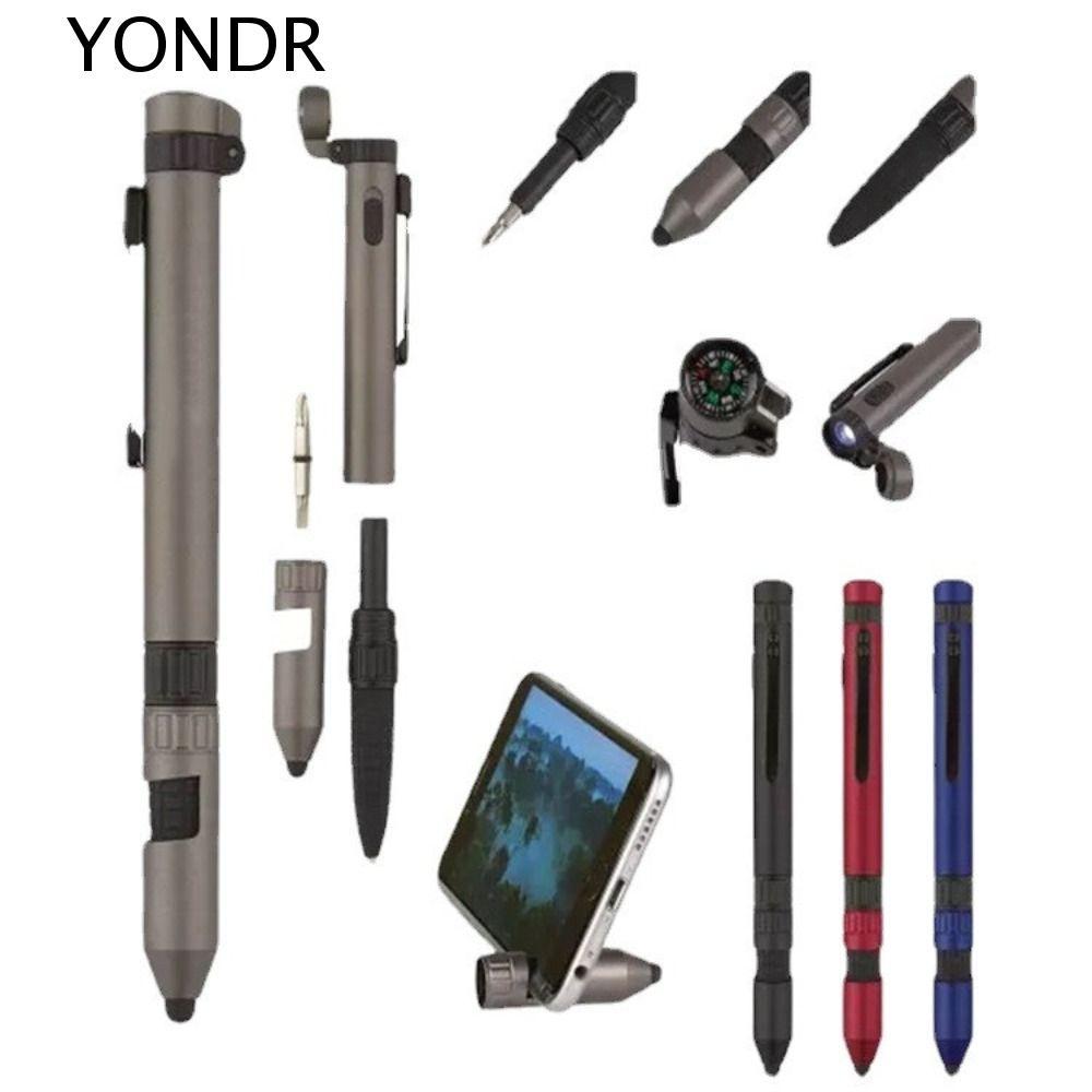 YONDR ปากกาไฟฉาย,ปากกาลูกลื่นเข็มทิศมัลติฟังก์ชั่น,ฉุกเฉิน 6-In-1 ที่วางโทรศัพท์มือถือไขควงขนาดกะทัดรัดปากกากู้ภัย EDC เครื่องมือ