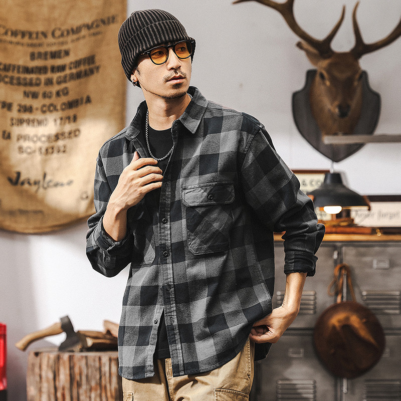 American Retro Checkerboard Contrast สีเสื้อแขนยาวผู้ชายฤดูใบไม้ร่วง 2025 Street สวมใส่หลวมสบายๆ Checkered เสื้อ