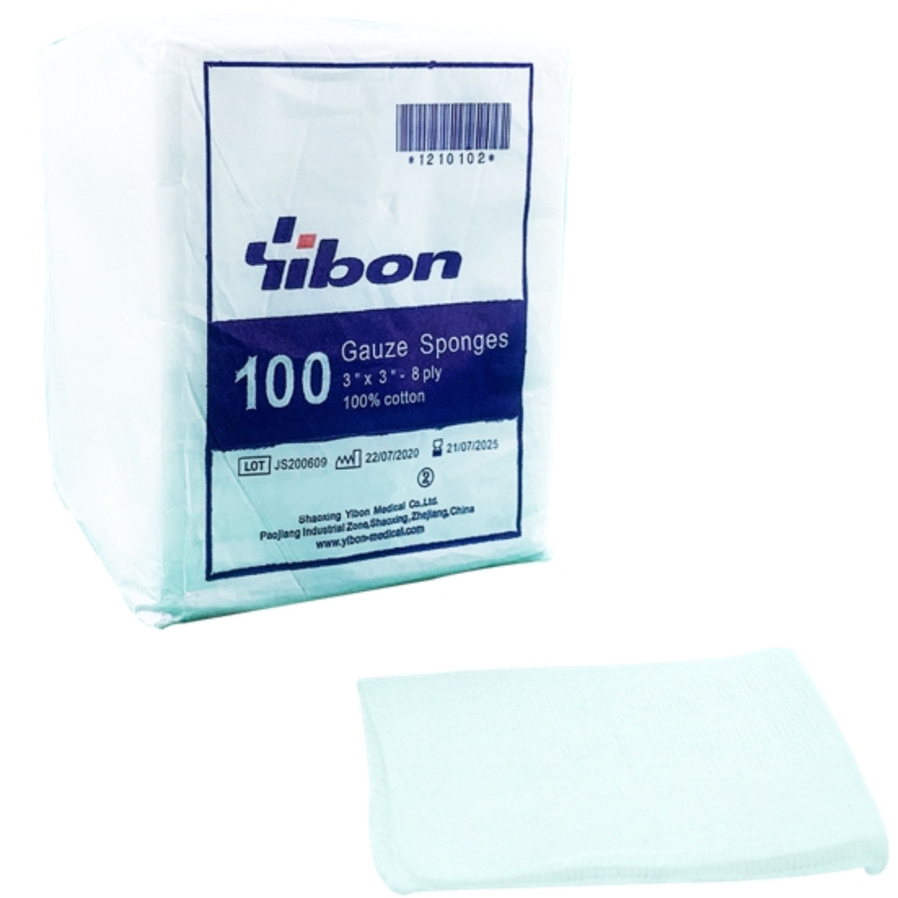 Yibon 100 Gauze Sponges (100% Cotton). ผ้าก๊อซพับ 8 พับ 2"x2", 3"x3" (100 แผ่น/ห่อ)