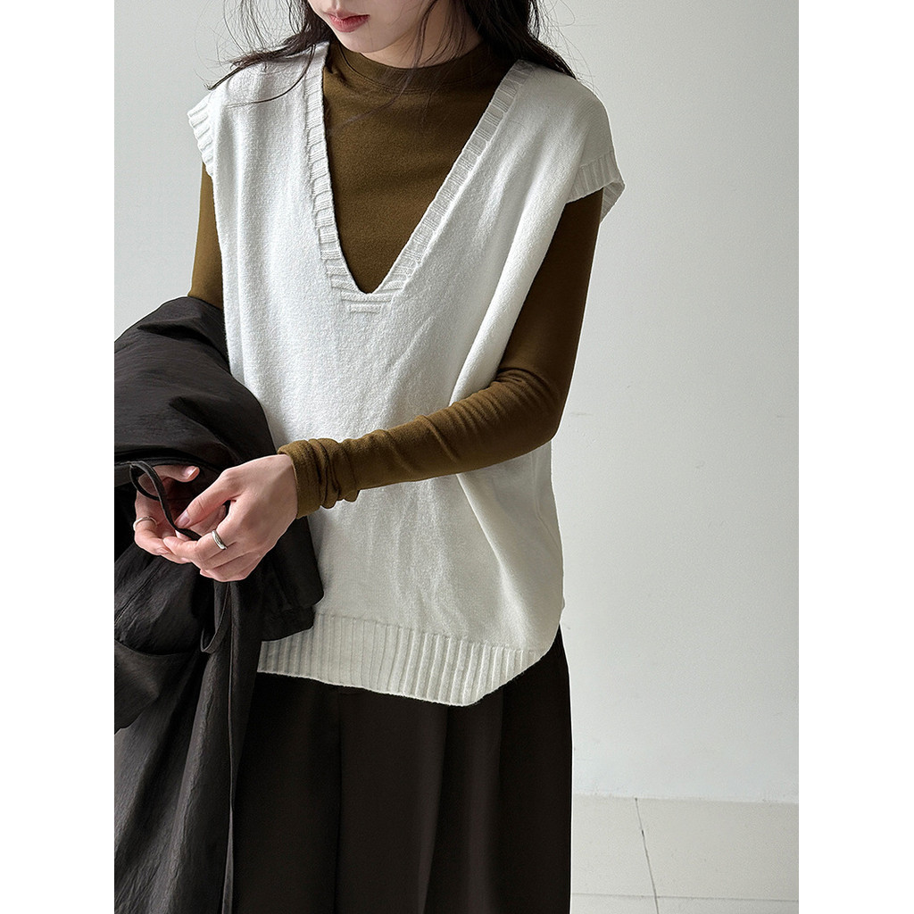 Luxi สไตล์เกาหลี V คอ Layered Retro ถักเสื้อกันหนาวเสื้อกั๊กผู้หญิงฤดูใบไม้ร่วง All-Match หลวมเสื้อก