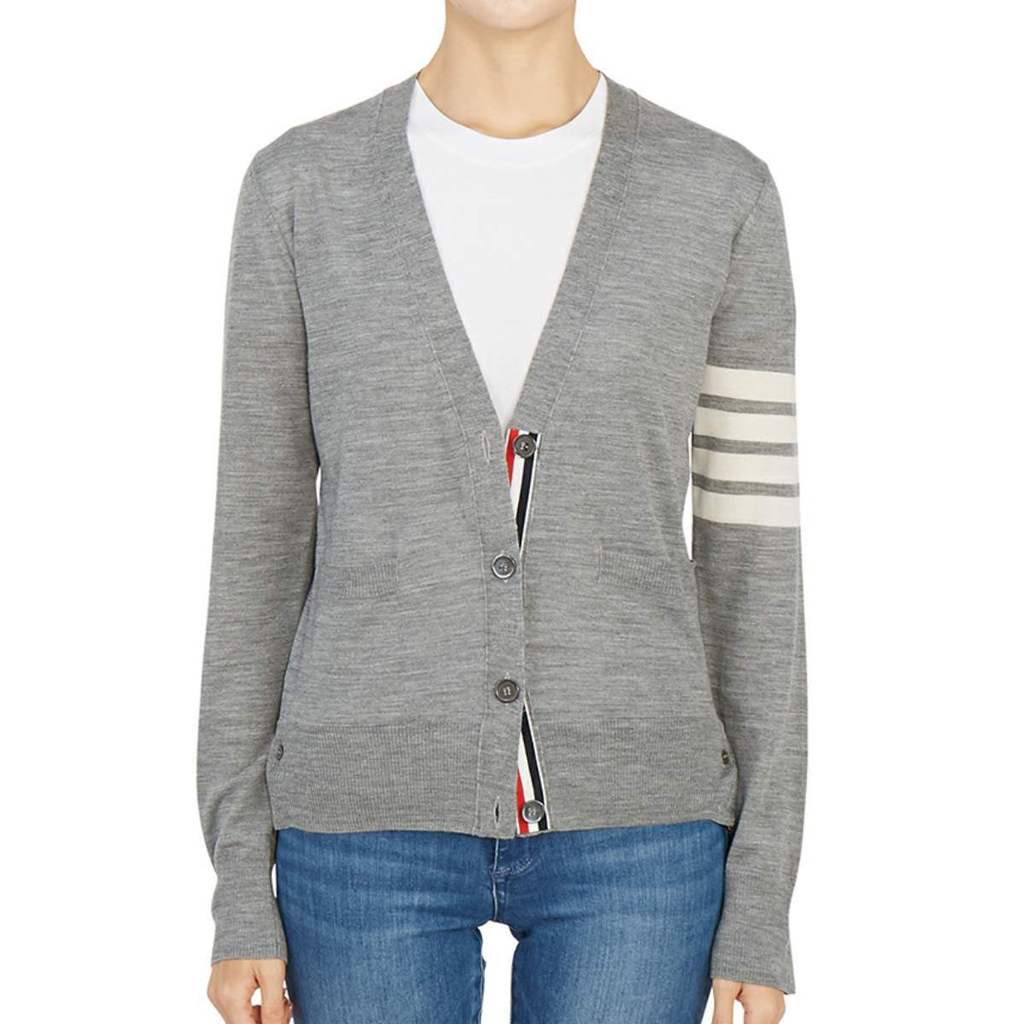 Tom Browne Womens New Style Classic 4 Stripes Vneck Merino Sweater คาร์ดิแกน FKC334AY1014055