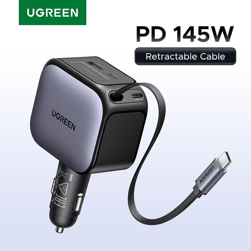 UGREEN Fast Car Charger พร้อมสาย Type-C แบบพับเก็บได้ USB A USB C PD 145W ชาร์จเร็วสําหรับโทรศัพท์