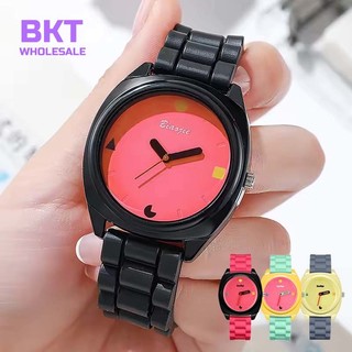 Jam Tangan Kuarsa Wanita Jam Tangan Pelajar Tali Silikon Dial Warna-Warni Tanpa Skala Sederhana