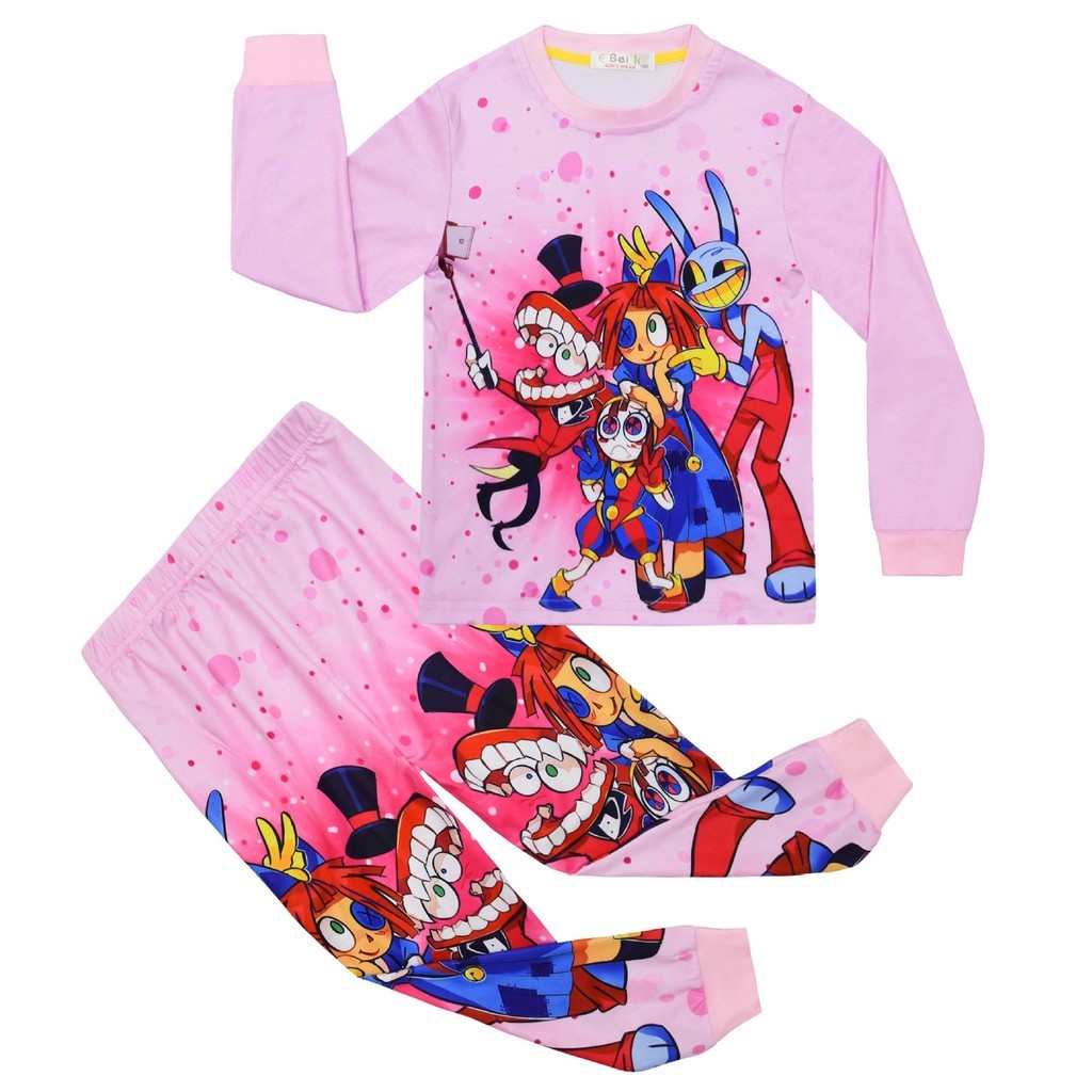 The Amazing Digital Circus Pyjamas เสื้อยืดแขนยาวเด็กผู้หญิง + ชุดเด็ก Pomni และ Jax เสื้อผ้าชุดเด็ก