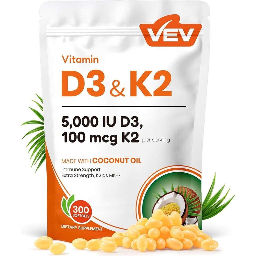 VEVCorefeelVitaminD3K2,5000IUD3100mcgK2(MK7),300Softgels,2-in-1VitaminD&KwithCoconutOil,รองรับAbsorp