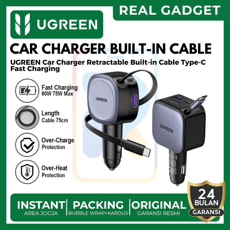 UGREEN Car Charger Type C Retractable Fast Charging 60w 75w 90w