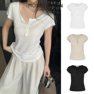 MOSESQUEEN ความเมตตา คอพับขอบหลวมกระชับสัดส่วนและเสื้อยืดแขนสั้นซีทรูเล็กน้อยสําหรับผู้หญิง-เสื้อฤดูร้อนอเนกประสงค์ #63907