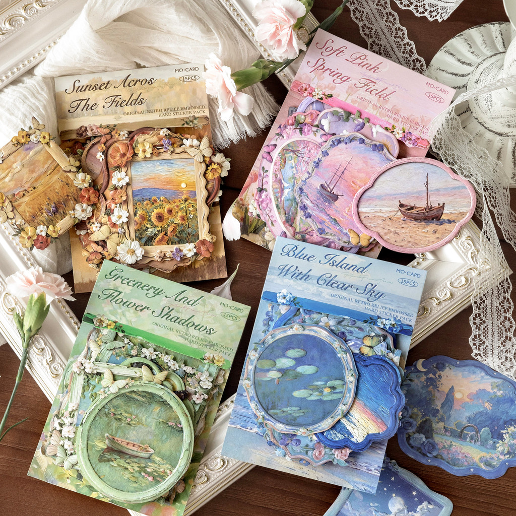 15PCS 3D นูน Monet ดอกไม้กรอบสติกเกอร์ Impressionist ดอกไม้ Series Self กาวทองขอบภาพวาดสีน้ํามันสติกเกอร์ความงาม Junk Journal Photocard สมุดภาพ DIY Craft Decor