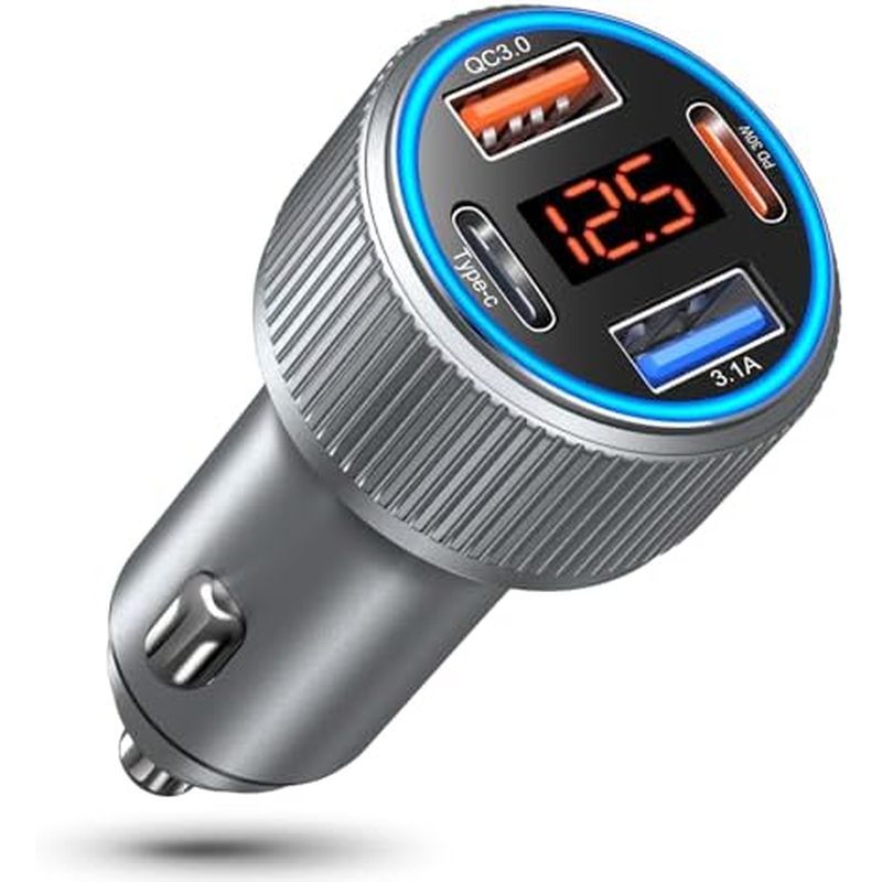 ที่ชาร์จแบตในรถ USB C, 65W Multi Port Dual 12V ไฟแช็ก USB Car Charger Adapter พร้อมแรงดันไฟฟ้า PD/QC