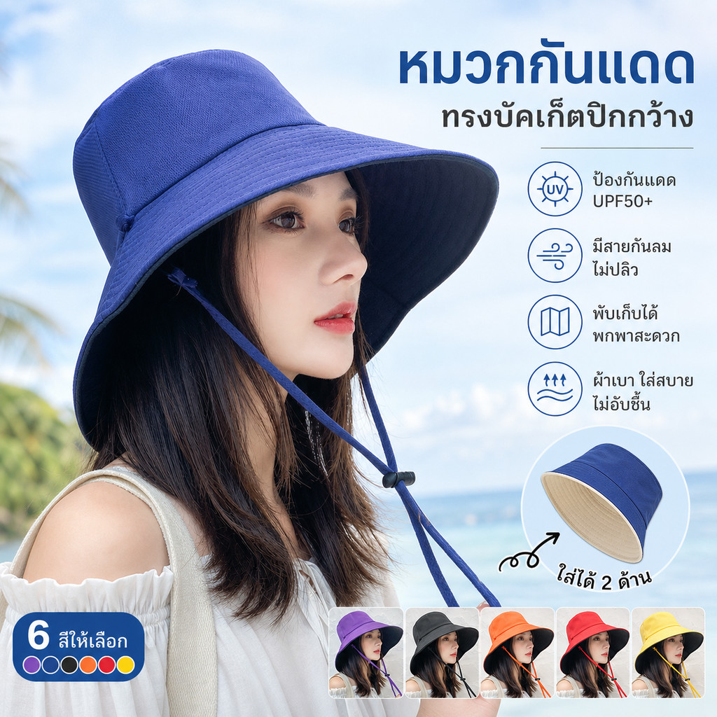 MAI หมวกถัง เวอร์ชั่นเกาหลี แฟชั่น ของผู้หญิง ป้องกันแสงแดด การใช้งานสองด้าน พับได้ หมวกกันแดด