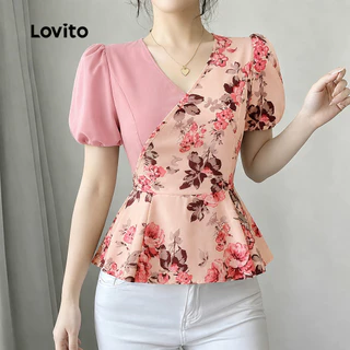 Lovito เสื้อเบลาส์ผ้าหรูหรา เย็บต่อกันด้วยรูปทรงเรขาคณิต สีกรมท่า สําหรับผู้หญิง ฤดูใบไม้ผลิ/ฤดูร้อน LK6ED277