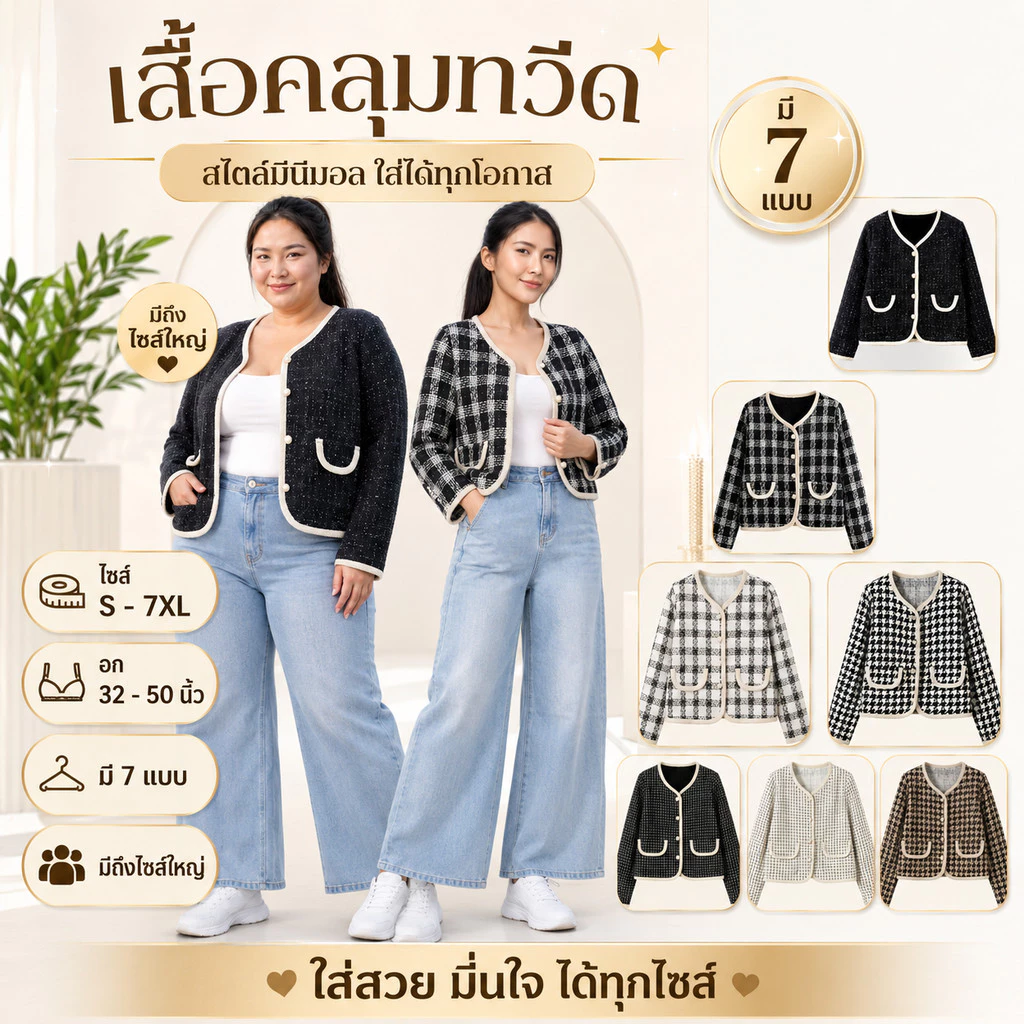 เสื้อคลุมผ้าทวีดเกาหลี มีไซส์ S-7XL คอวีแต่งขอบทูโทน ดีเทลกระดุมมุกสุดละมุน แมทช์ลุคคุณหนูไปคาเฟ่