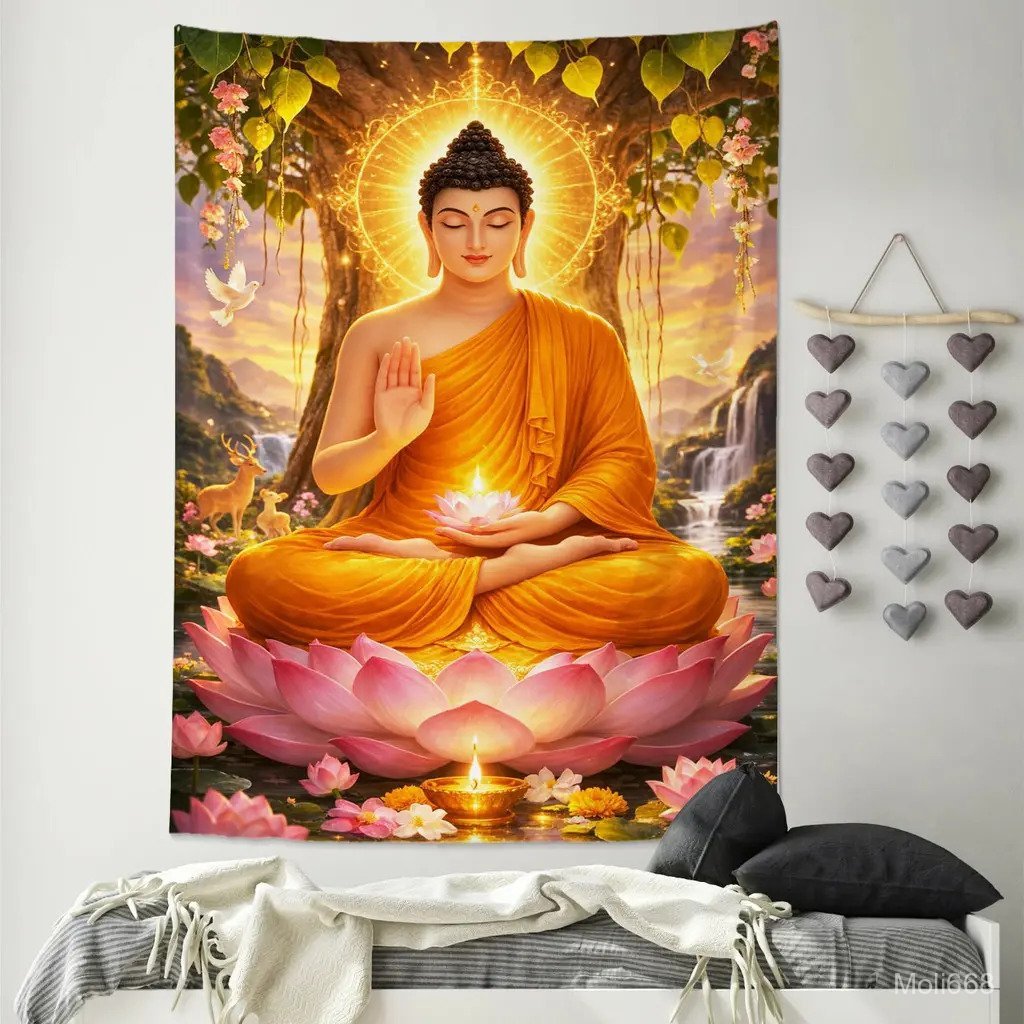 ผ้าพื้นหลังสำหรับตกแต่งภาพพระพุทธรูป Payasi ผ้าพื้นหลังตกแต่งดอกบัว การออกแบบหัวพระพุทธรูป แบนเนอร์เฉลิมฉลอง งานแ,
