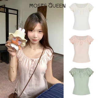 MOSESQUEEN เสื้อยืดแขนสั้นคอยูผ้าฝ้ายแท้พร้อมสายรัดดีไซน์สําหรับเอฟเฟกต์สลิมมิ่งและแขนพัฟ #63929