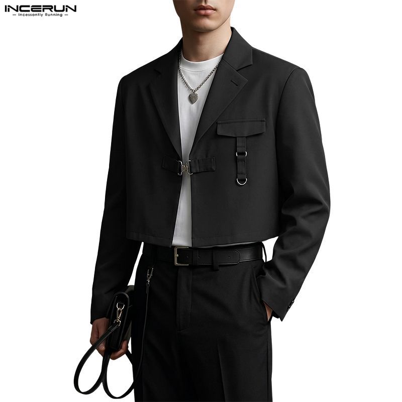 INCERUN ผู้ชายเกาหลี High Street แฟชั่น Notch ปกแขนยาวโลหะหัวเข็มขัด Casual Cropped Blazer
