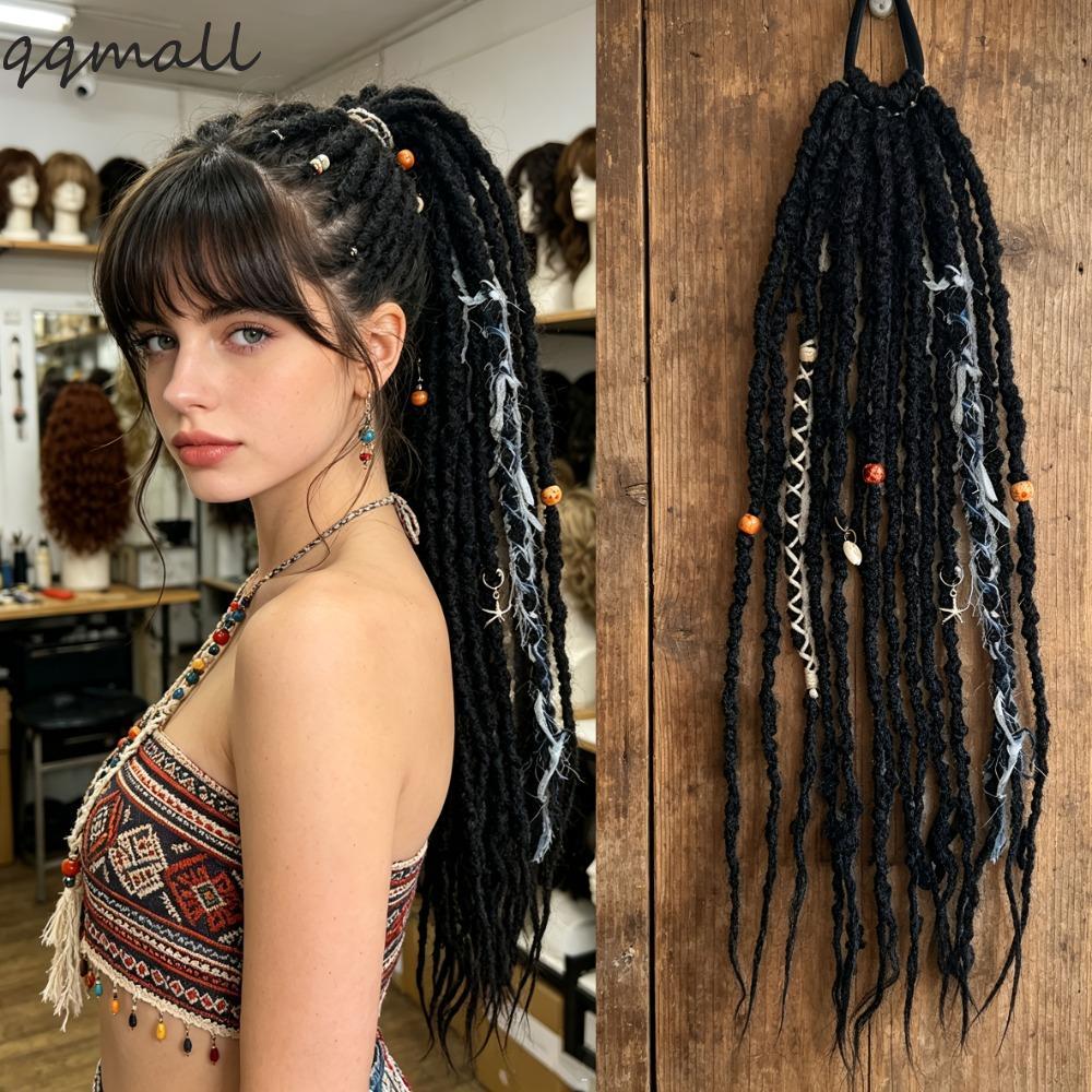 QQMALL Textured Dreadlock หางม้า, Handcrafted Ombre ผู้หญิง Braided Wigs, Boho สังเคราะห์ 24 นิ้ว Fluffy Twist Braid Hairpiece สําหรับผู้หญิง