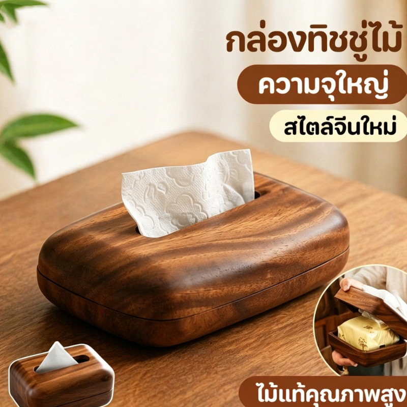COD กล่องทิชชู่ไม้ วอลนัท ไม้แท้ กล่องใส่ทิชชู่ ฝาเปิด เติมง่าย ลายไม้ธรรมชาติ สำหรับโต๊ะทำงาน