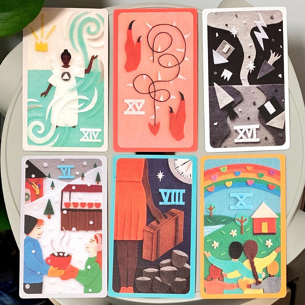 The Craft Felt Tarot 78 Card Deck ที่ไม่ซ้ํากัน Hand-Cut Felt Art Rider Whimsical Divination ชุดในกล่องแข็ง 12*7 ซม.