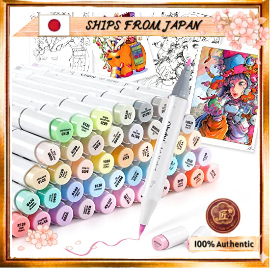 SHIPS FROM JAPAN Ohuhu Marker Pens, Brush-Tip, 48 Light Colors, Favorite Among Professionals, Pastel