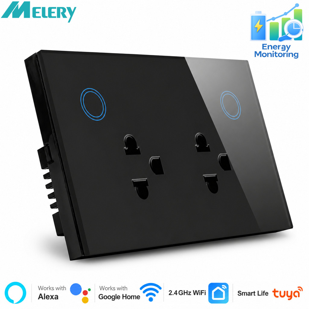Melery WIFI สมาร์ทคู่ซ็อกเก็ตประเทศไทยปลั๊ก 10A แผงกระจกสัมผัสประเทศไทย Outlet เสียงรีโมทคอนโทรล Tuya Smartlife APP Alexa Google Home Assistant