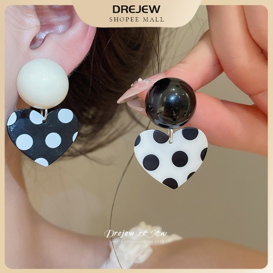 Dreejew สีดําและสีขาว Polka Dot Heart Drop ต่างหูรอบสตั๊ดด้านบนหวานและ Casual อุปกรณ์เสริมสําหรับผู้หญิง