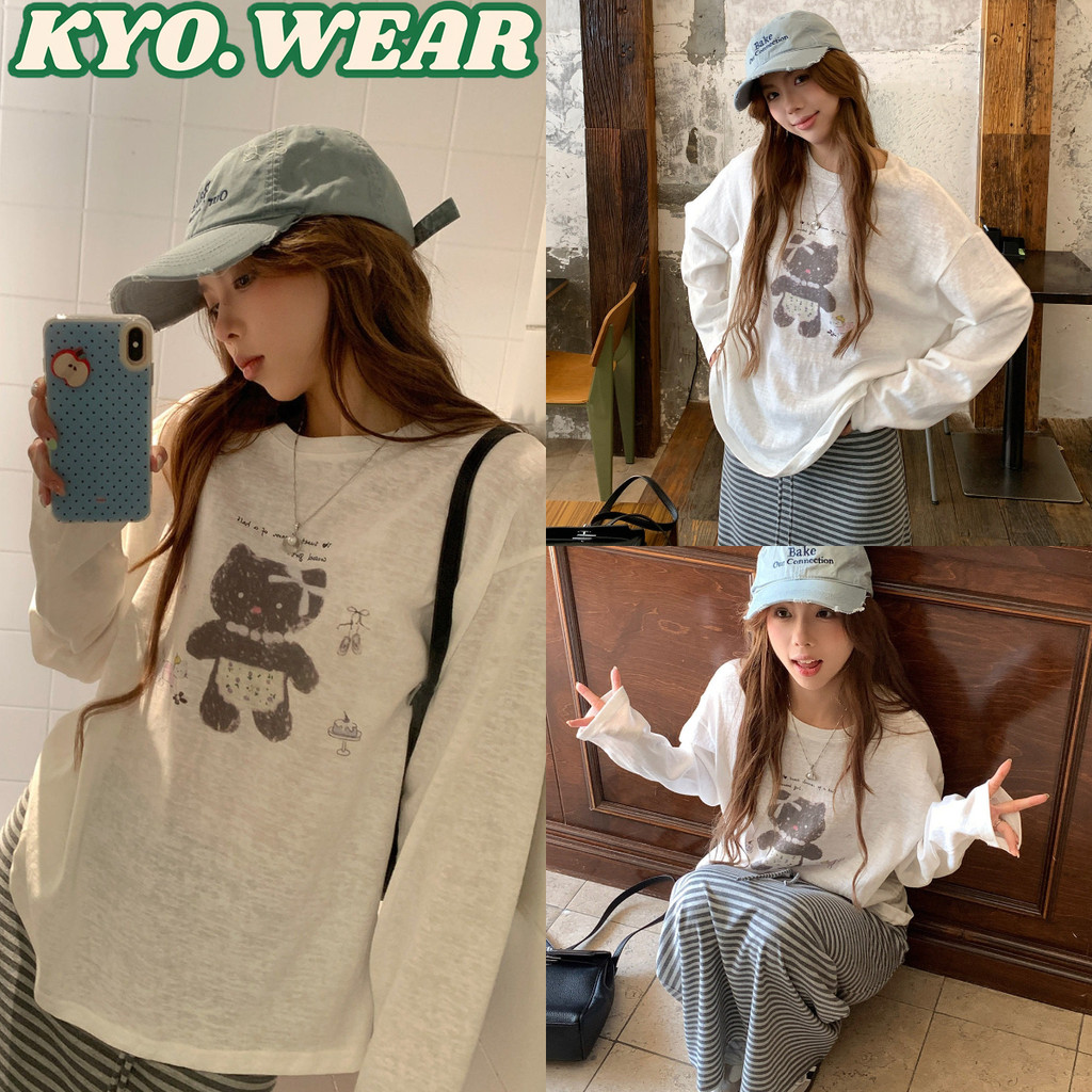 KYO 【พร้อมส่ง】เกาหลีสไตล์ เสื้อยืดเเขนยาว ผู้หญิง พิมพ์ลาย "Black cat" OVERSIZE ผ้าฝ้าย 100% โคตรนุ่ม เสือใส่สบาย