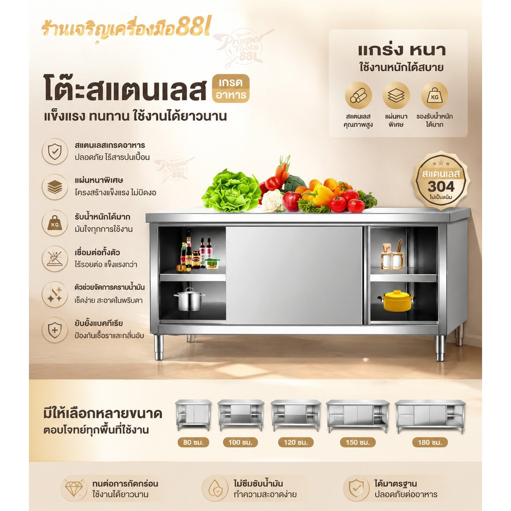 ​ตู้สแตนเลส ครัวอุตสาหกรรม ประตูเปิดเลื่อนข้างเดียว ตู้เก็บของ โต๊ะทำงานในครัว อุปกรณ์ร้านอาหาร แข็งแรงทนทาน​​