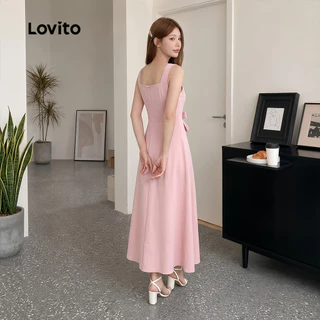 Lovito สง่างาม เดรส โบว์หน้า สีชมพู สําหรับผู้หญิง ฤดูใบไม้ผลิ/ฤดูร้อน เกาหลี อินเทรนด์ L179AD044