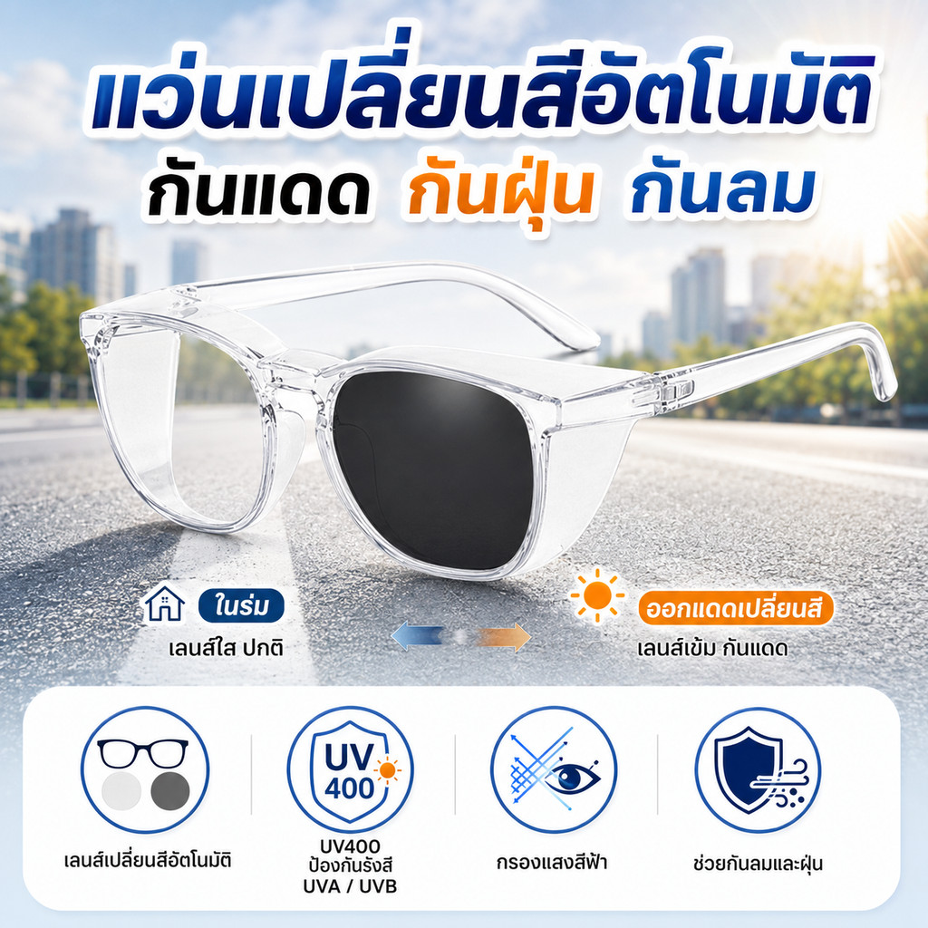 🔥COD🔥แว่นกันแดด กันลม กันฝุ่น PM2.5 เลนส์ออโต้ กรองแสงสีฟ้า ออกแดดเปลี่ยนสี กันUV400