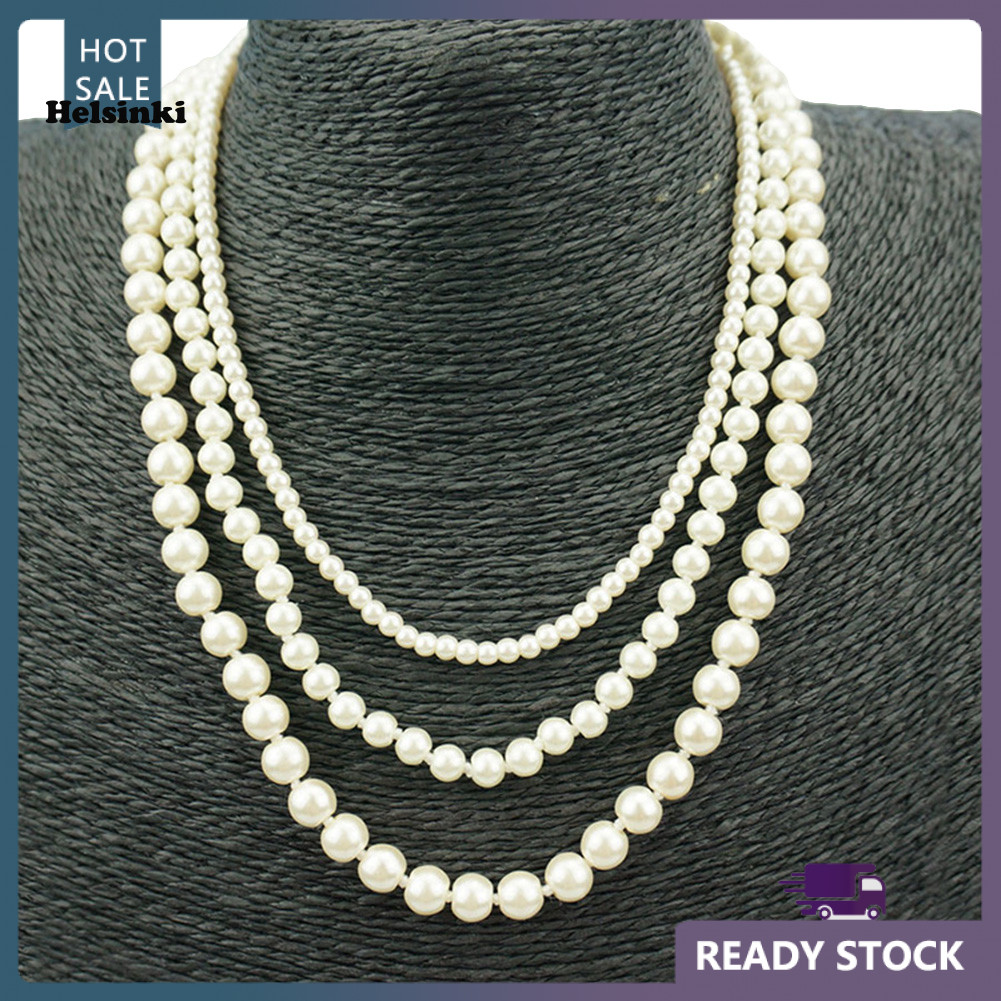 HLS แฟชั่นผู้หญิง Faux Pearl Charm ลูกปัดหลายสร้อยคอเครื่องประดับของขวัญ