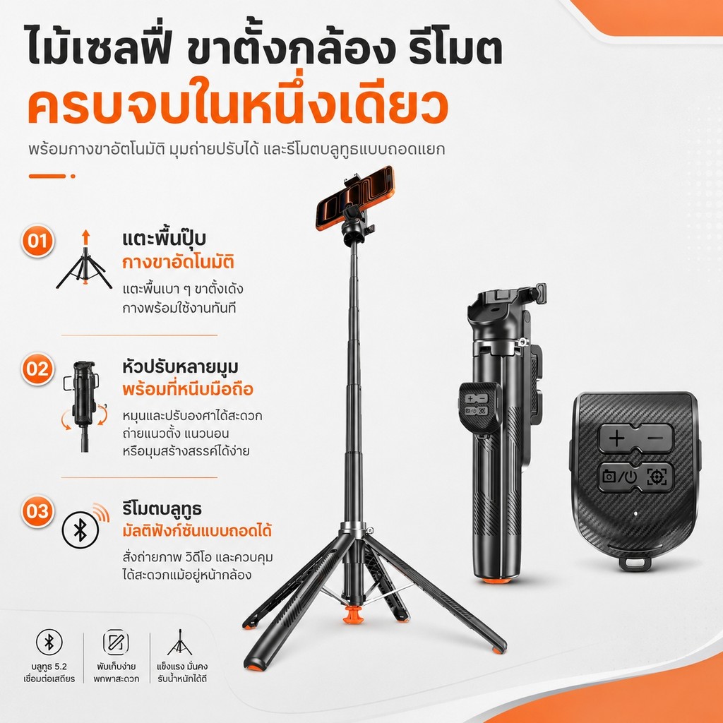 ขาตั้งกล้องเซลฟี่แบบขาตั้งกล้องอเนกประสงค์ 1.35เมตร หมุนได้ 360° พร้อมรีโมทบลูทูธ for LIVE Vlog