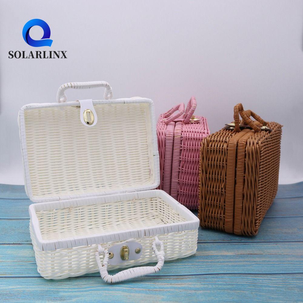 SOLARLINX สานกล่องเก็บหวาย,พร้อมที่จับตะกร้าสานปิคนิคในครัวเรือน,มัลติฟังก์ชั่ Retro จําลองเครื่องประดับกล่องเก็บเครื่องสําอางงานแต่งงาน