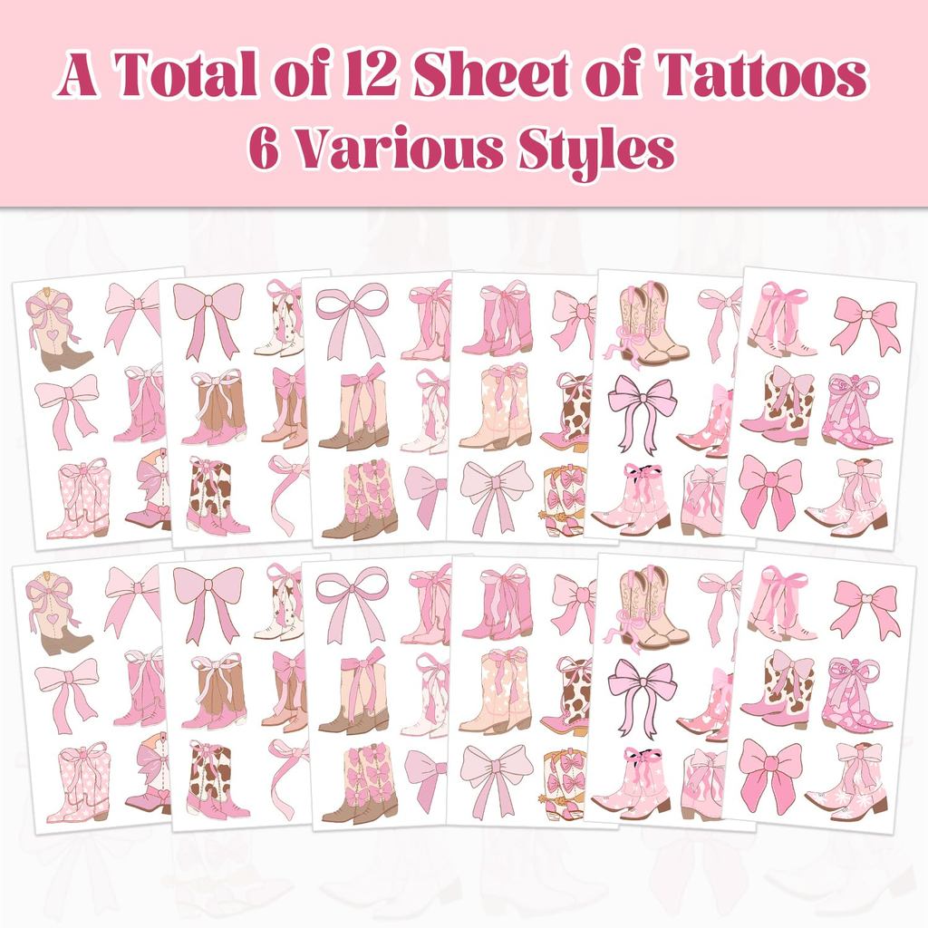 Cowgirl รองเท้าและ Bows รอยสักชั่วคราวสติกเกอร์, Coquette Cowgirl รองเท้าและ Bows Party Favors วันเก