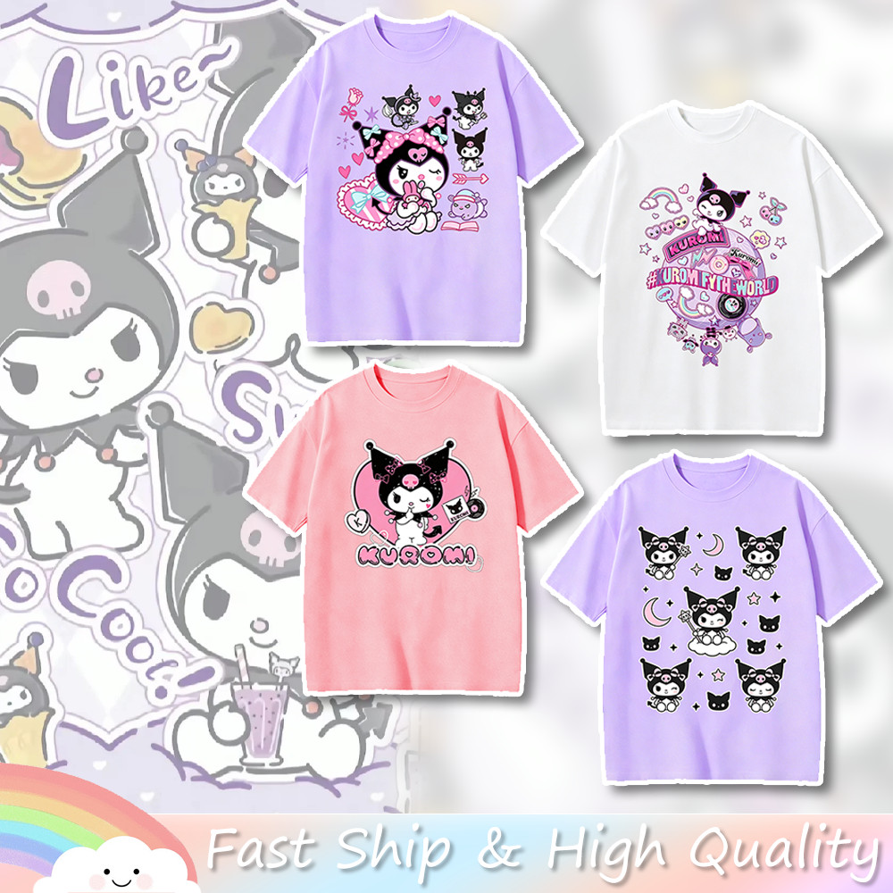 Sanrio Kuromi T เสื้อสําหรับเด็กสาวหลวมแขนสั้น 100 ผ้าฝ้ายน่ารักอะนิเมะ Causal Terno ทุกวัน Tee Comfy เสื้อผ้าเด็ก
