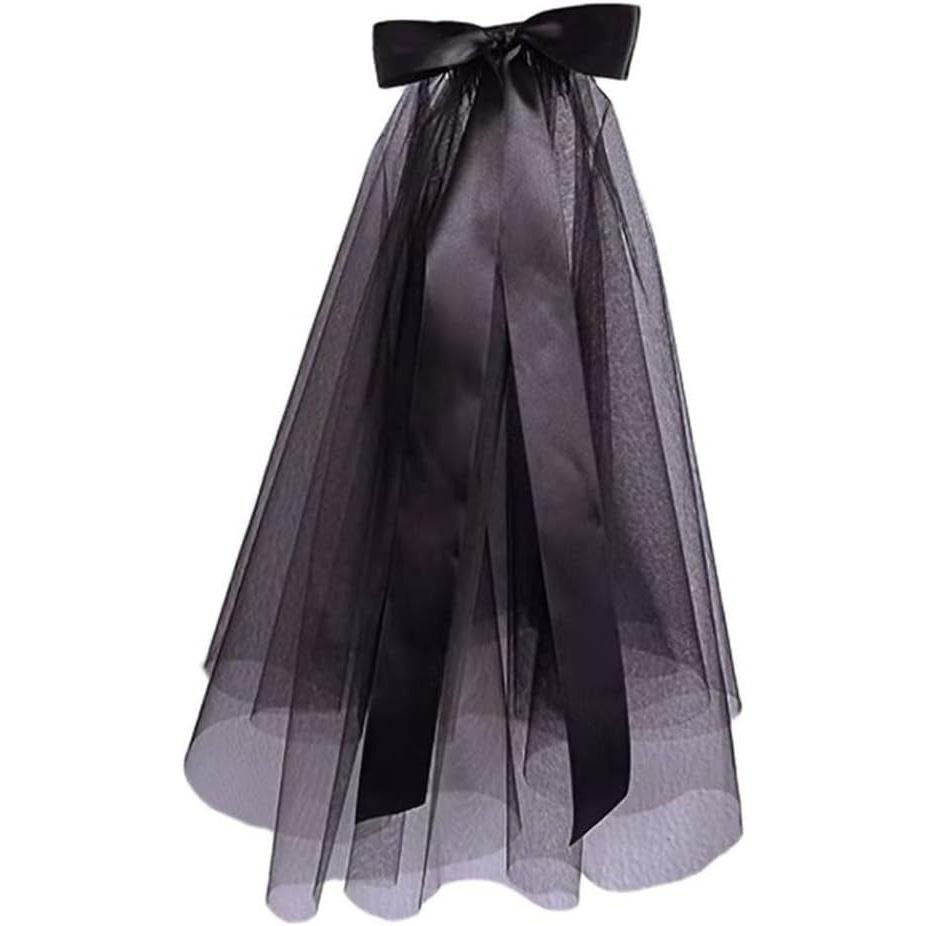 Esowemsn 1PC ฮาโลวีน Veil 2 ชั้นงานแต่งงานลูกไม้สีดํา Bowknot Veil พร้อมหวี Vintage งานแต่งงาน Decor