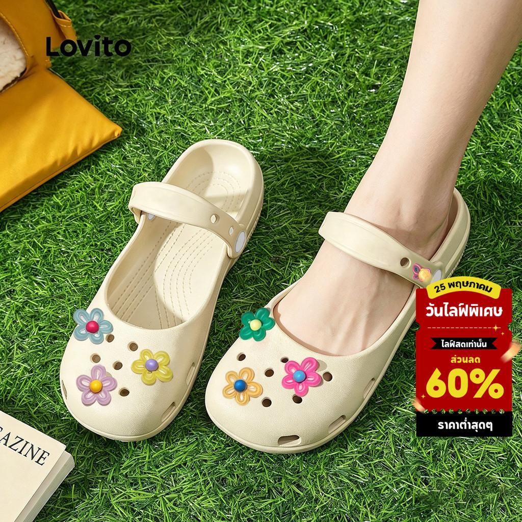 (New Arrival) Lovito  รองเท้าแตะแบน ลําลอง ไข่มุก โบว์ ดีไซน์เก๋ 1 รองเท้าแตะแบนสําหรับผู้หญิง LFA118018