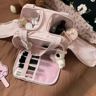 Puffie พร้อมส่ง กระเป๋าเครื่องสำอางผู้หญิงใบใหญ่ เปิดได้ 2 ด้าน นุ่มฟู ใส่อุปกรณ์อาบน้ำ เดินทาง