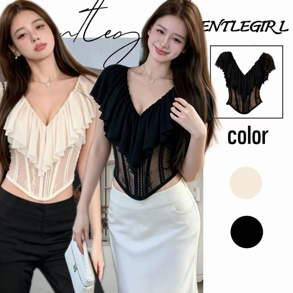 #GG เสื้อชีฟองแขนสั้นคอวีสีขาวสไตล์ฝรั่งเศสสำหรับผู้หญิง ดีไซน์สำหรับฤดูใบไม้ผลิ/ฤดูร้อน ทรงเข้ารูป มีโครงสั้น