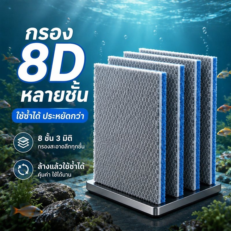 แผ่นกรองตู้ปลา ใยกรองนาโน 8D 8ชั้น แผ่นกรองน้ำ ตัดได้ ล้างได้ ใช้กับกรองแขวน กรองนอก